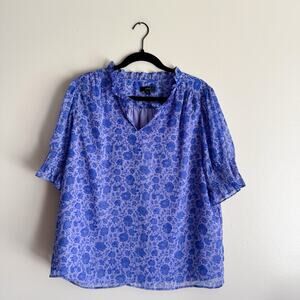 J. Crew Blue Purple Crinkle Chiffon Puff Sleeve Floral Print Blouse XL Spring